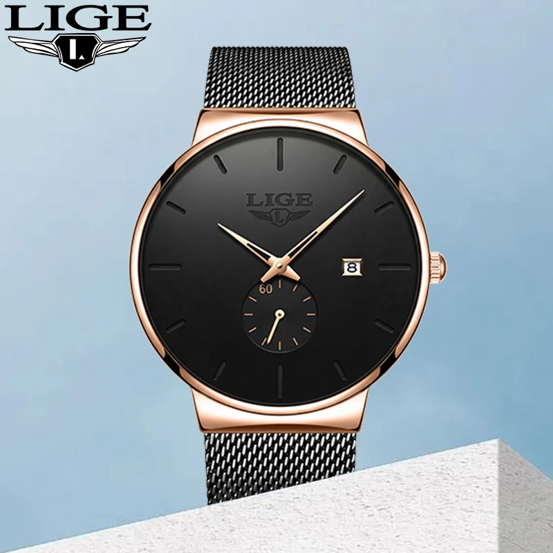LIGE Retro Luxury Man Watch Fashion Casual Sports Stainless Mesh Belt Clock Auto Date Simple Quartz Watches for Men Reloj Hombre