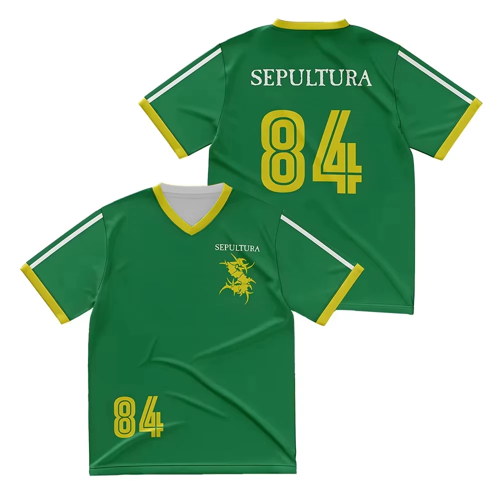 3D Printed Sepultura 84 Heavy Metal Band Football Jersey Men's Green Football T-shirt V-neck Summer Short Sleeved Patterned Top