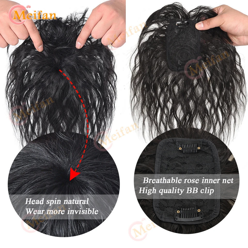 MEIFAN Synthetic Topper Closure Hairpieces with Bangs Clip on the Top of Head Hair Extension to Cover the White Hair Hairpiece