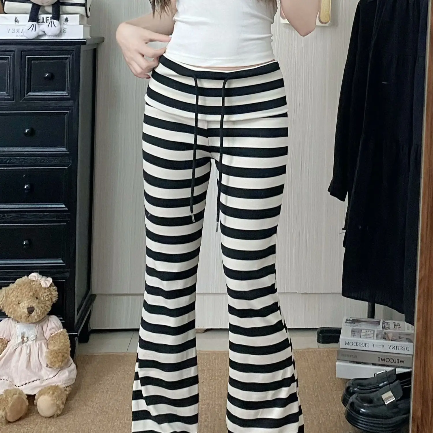 Women Vintage Coquette Sexy Low Waist Loose Fit Yoga Pants Trousers y2k Striped Folds Over Wide Leg Pants Leggings Sweatpants