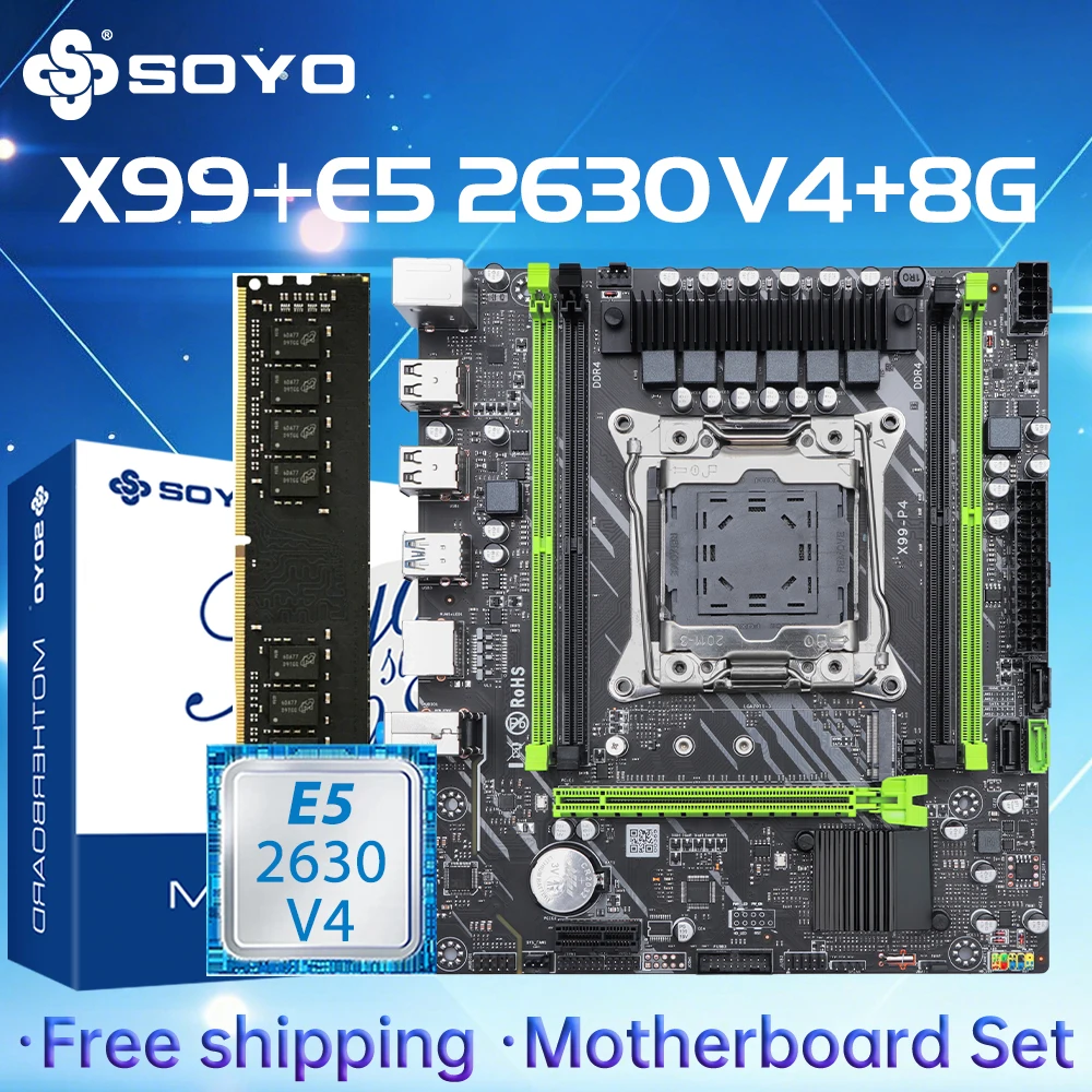 SOYO X99 TPM2.0 Motherboard Set With LGA2011-3 CPU E5-2630 V4 DDR4 8GB*1 2133MHZ Memory M.2 SATA3.0 USB3.0 Computer components