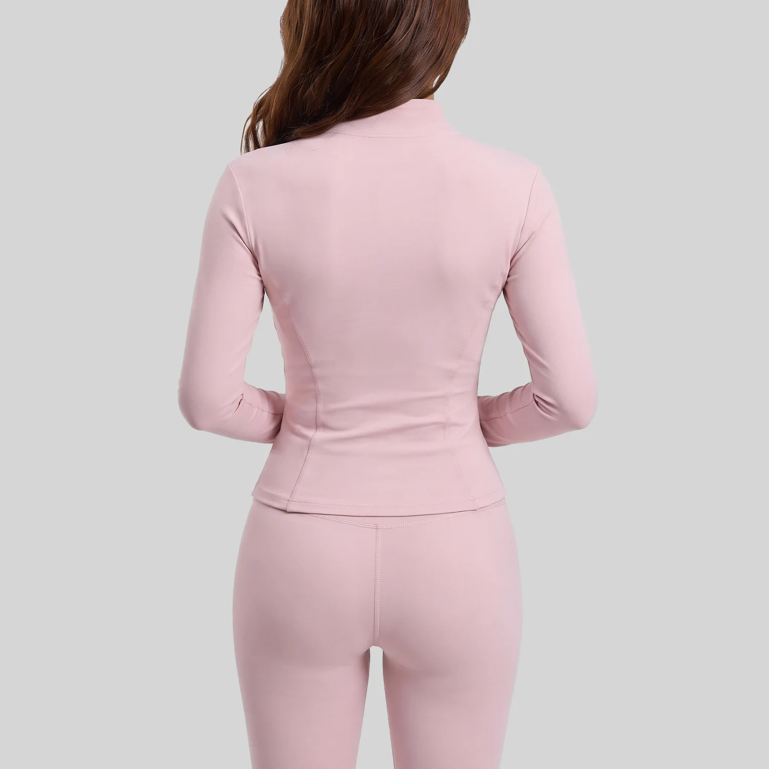 Women Peach Yoga Jacket Stand Collar Full Zip Long Sleeve High Stretch Slim Fit Breathable Running Gym Workout Sports Outerwear