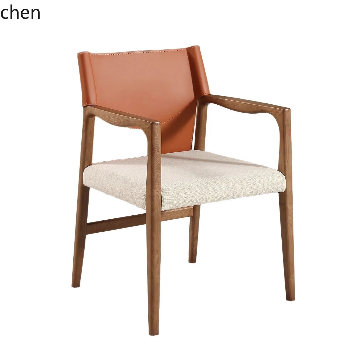 CZ Minimalist White Ash Wood Dining Chair Modern Simple Backrest Chair Armrest Leather Chair