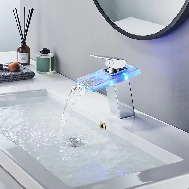 

Glass Bathroom Basin Faucet Mixer Water Tap LED Luminous Color Changing Hydro Power Black Waterfall Basin Faucet Stainless Steel