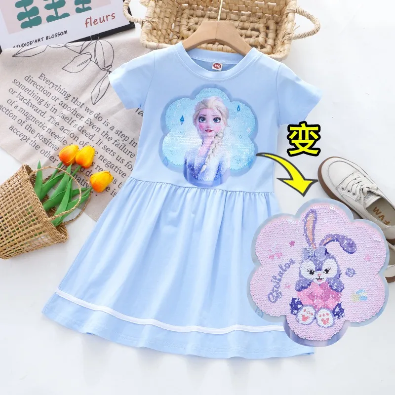

Girls Clothes 2025 New Summer Sequi Princess Dresses Short Sleeve Kids Dress Frozen Elsa Party Dresses for Children Clothing