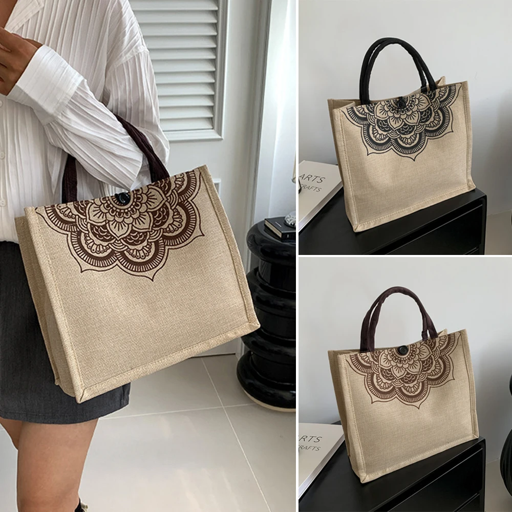 Women Vintage Linen Tote Bag Reusable Large Designer Handle Bags Summer Beach Casual Travel Shopping Bag Female Handbags