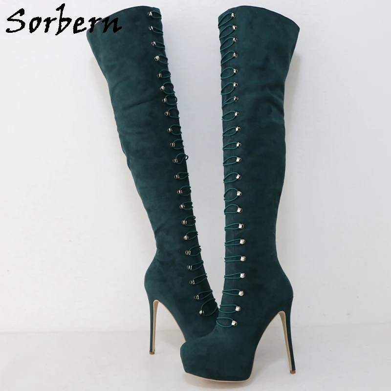 Sorbern Vintage Dark Green Women Boots Over The Knee Platform Shoes High Heeled Double Line Buttons With Elastic Stilettos