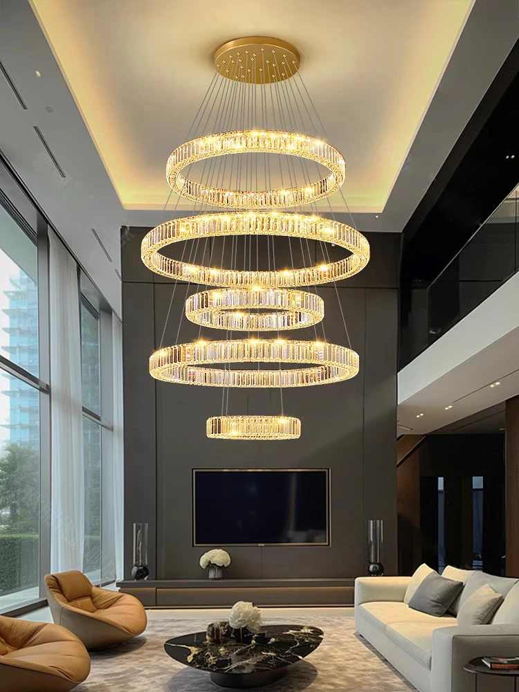 Get This Crystal Circles Chandelier for Stairwell High Ceiling, Gold Postmodern Luxury Chandeliers Long