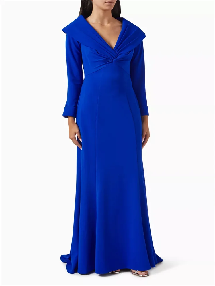 

New Arrival Ruched V Neckline Long Sleeves Straight Satin Evening Dress Back Zipper Floor Length Sweep Train Gown For Women 2024