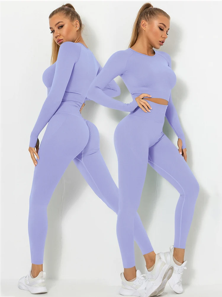 

2Pieces Seamless Women's Yoga Set Fitness Long Sleeve Crop Top High Waist Hip Lift Leggings Workout Activewear Workout Wear