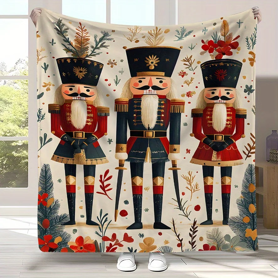 Nutcracker Soldier Flannel Blanket - Vintage Polyester Throw,Soft All-Season Decor for Bed/Sofa, Machine Washable Christmas Gift