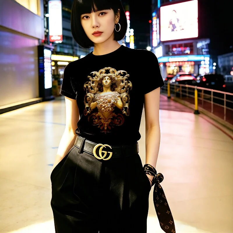 Chunyu Yinjia European Station Luxury Designer Black T Shirt Women 2026 Summer New Silver Foil Print Short Sleeve Tee Tops Femal
