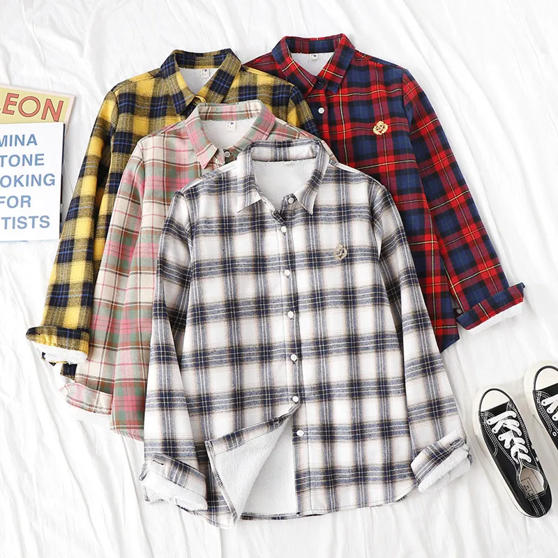 Women's Long Sleeve Plaid Shirts, Cotton Shirt with Velvet, Warm Blouse, Female Thick Cotton, Casual, Autumn, Winter