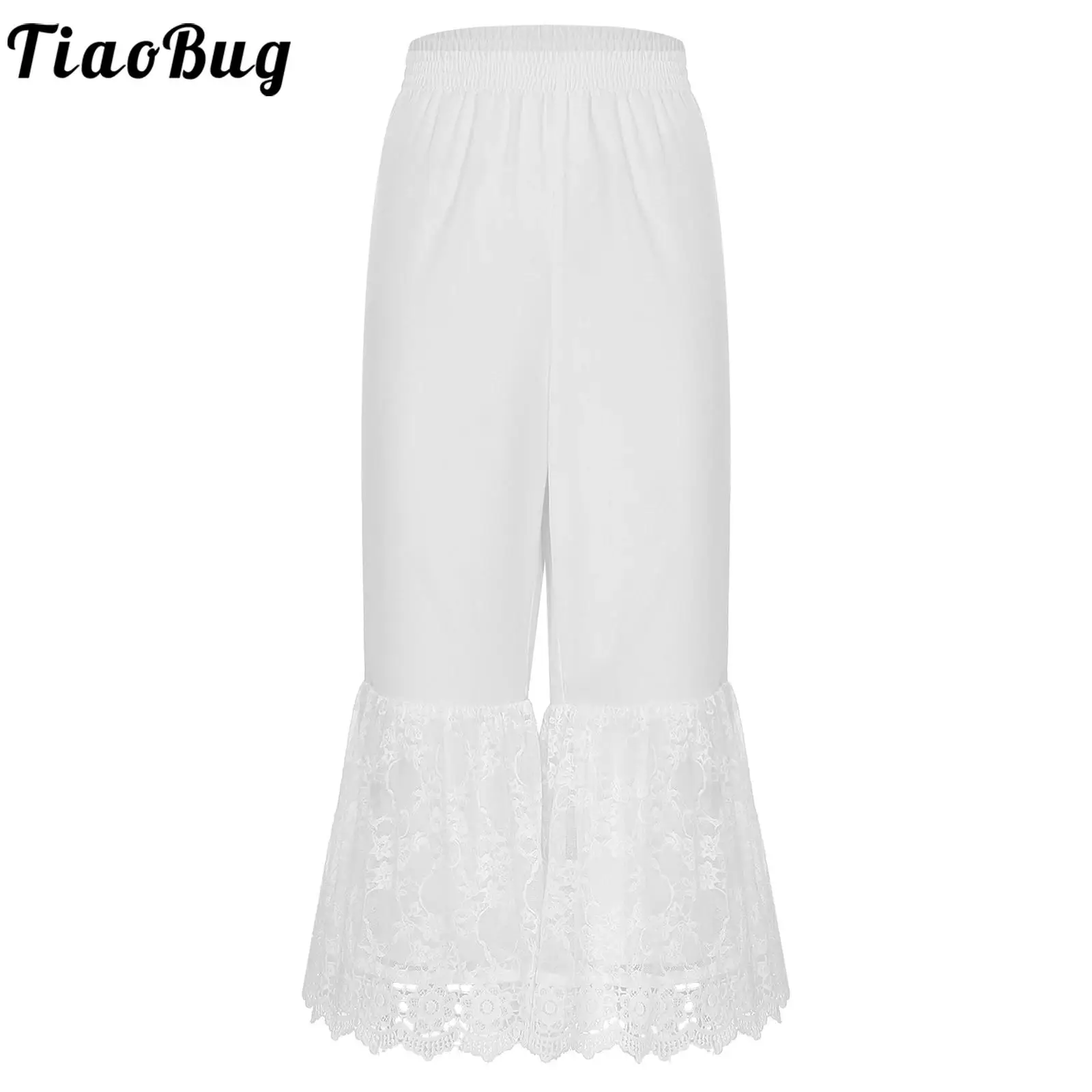 

Women Vintage Lace Edge Cropped Pants White Color Elastic Waistband Loose Legs Pettipants Daily Casual Clothes Bottoms