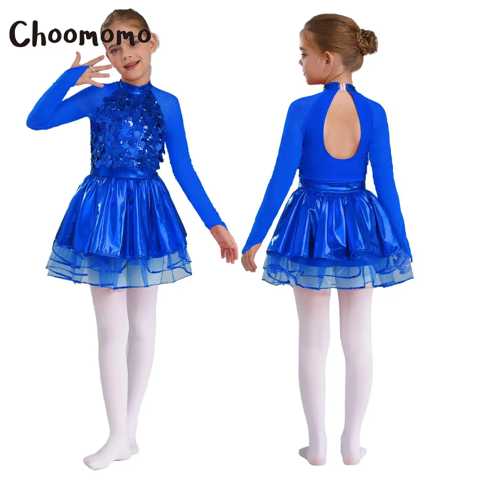 

Kids Girls Sequins Ballet Tutu Dress Ballerina Dance Performance Costumes Mesh Long Sleeves Keyhole Back Ice Skating Leotard