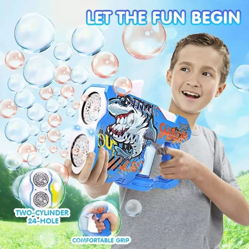 O popular brinquedo americano, a versão Glowing Shark da pistola de bolhas de cano duplo com um focinho de bolhas brilhante, é adequado para
