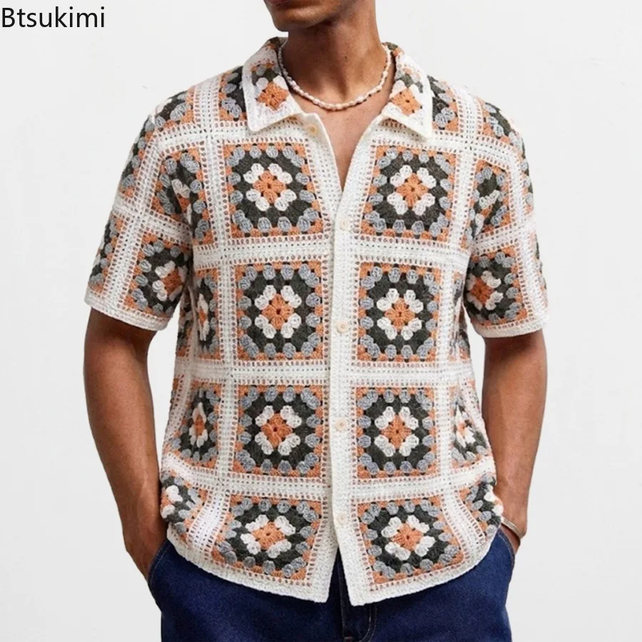American Style Retro Men's Hollow Out Crochet Shirts Summer Short Sleeve Casual Cardigan Tops Male Loose Lapel Knit Polo Shirts