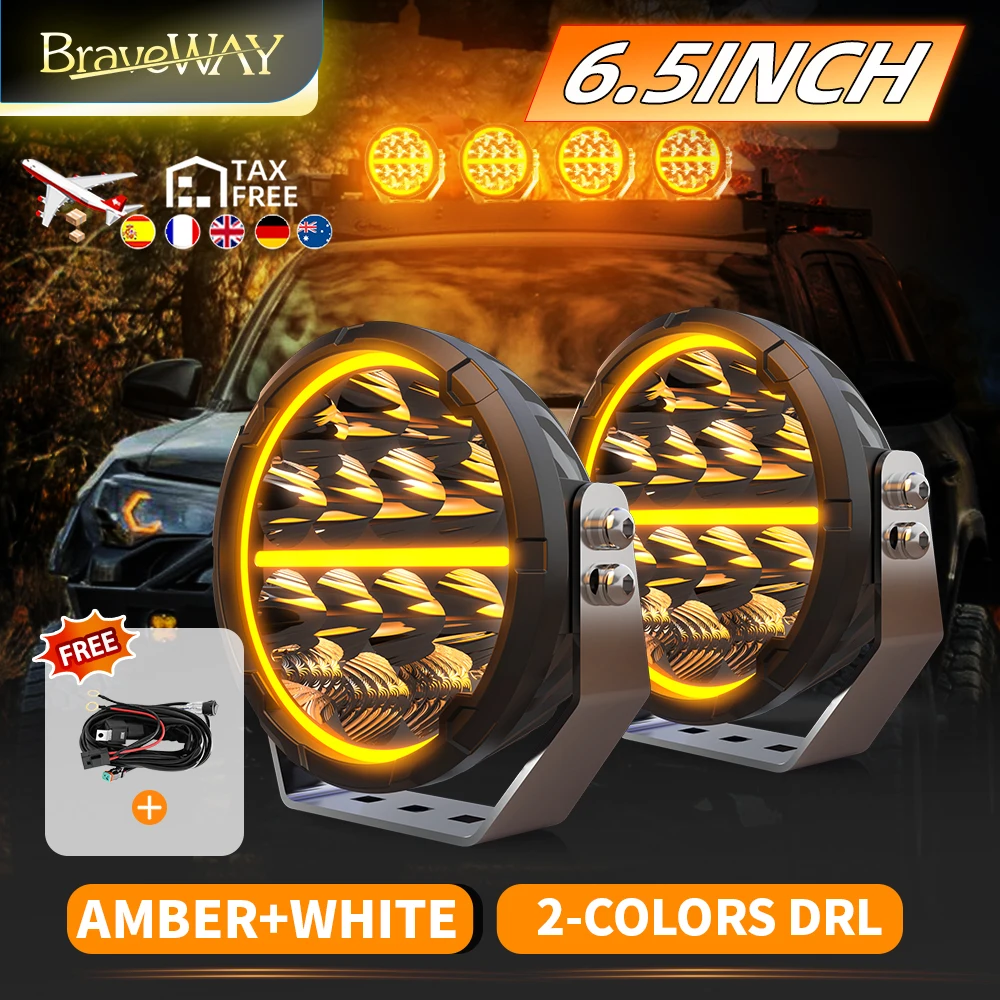 Braveway 6.5 pouces Led lampe de travail ambre/blanc DRL avec fil pour longue portée 4x4 conduite Led hors route 12v 24v voiture camion ATV SUV