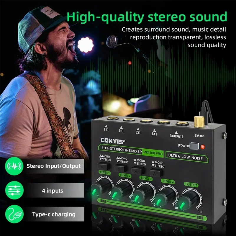 4 Channel Low Noise Stereo Line Mixer Mini Professional Sound Mixer with RGB DC5V Audio Processor for Guitar Bass Keyboard Stage