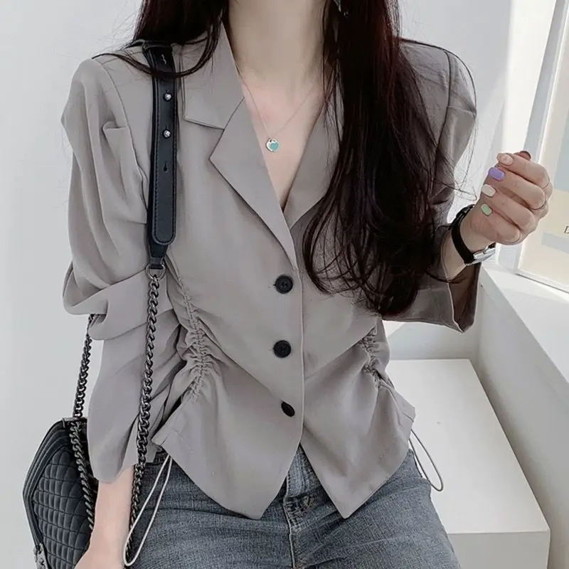 Large Size Waist Cinching Slimming Suit Collar Long Sleeved Shirt for Women Chubby Mm Design Sense Irregular Short French Style