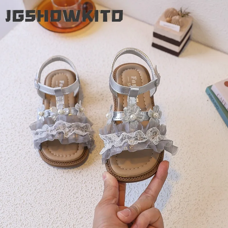 JGSHOWKITO Girl Summer Elegant Sandals Lace Ruffled Edge Children Princess Perform Shoes Chic Flower Kids Hollow-out Flat Sandal