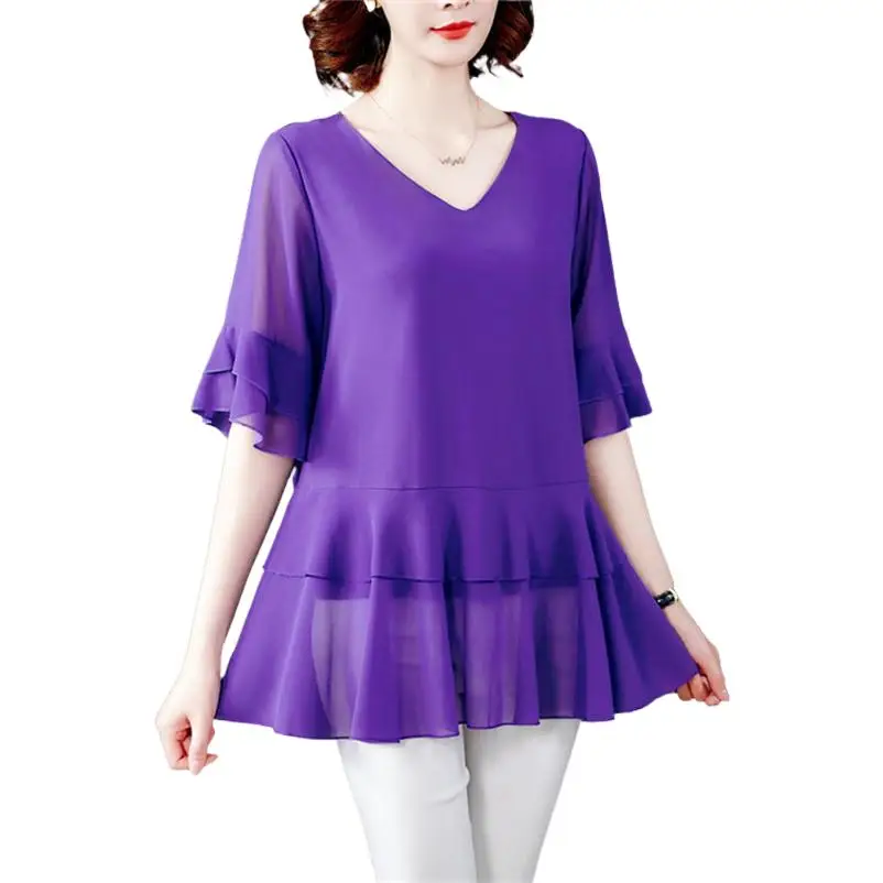 Frauen V-Ausschnitt halbe Ärmel Chiffon Blusen & Hemden Dame elegante Rüschen weiche schlanke Tops weibliche Korea Stil Tops 10 Farben