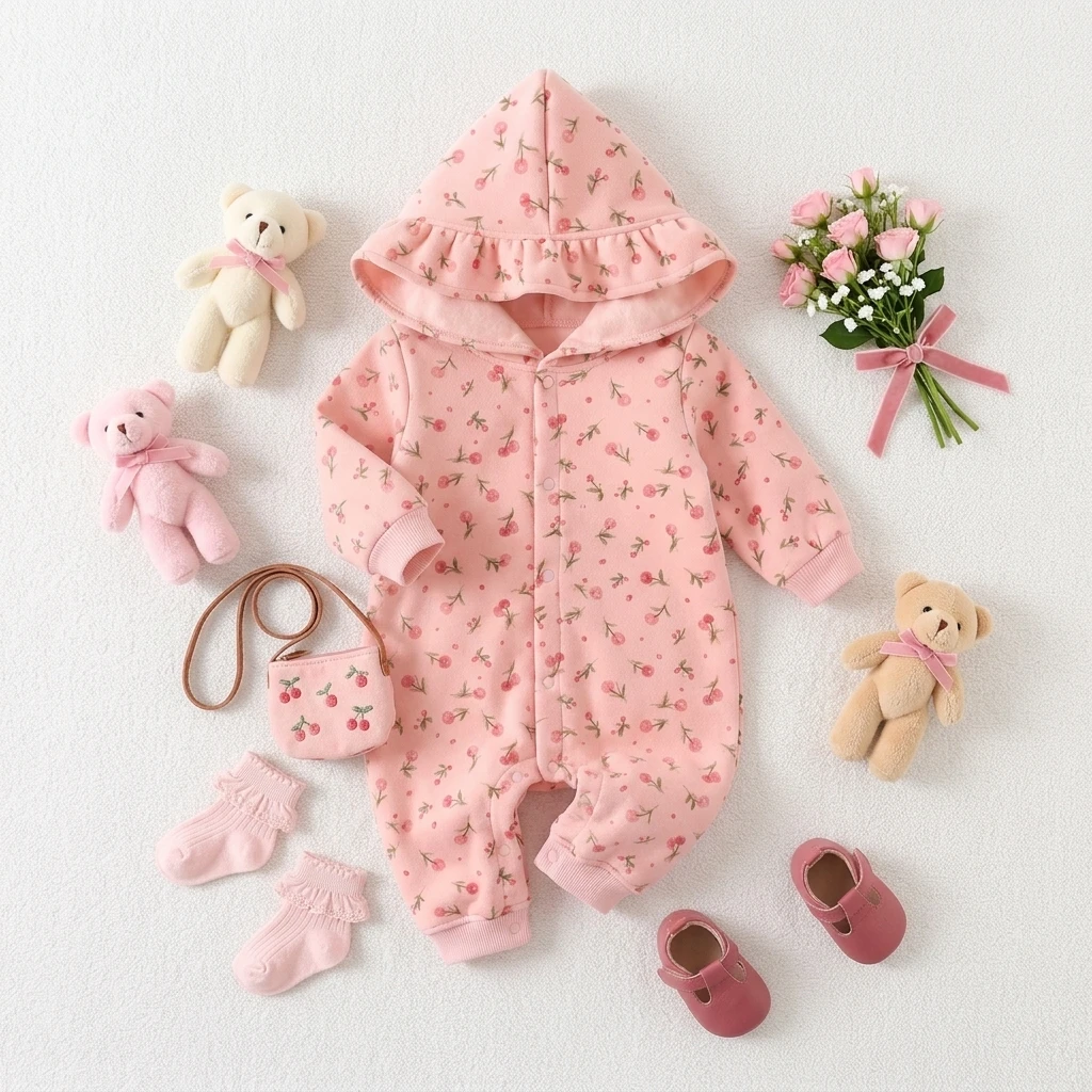 Winter Warm Thickened Hooded Cute Baby Girls Rompers Long Sleeve