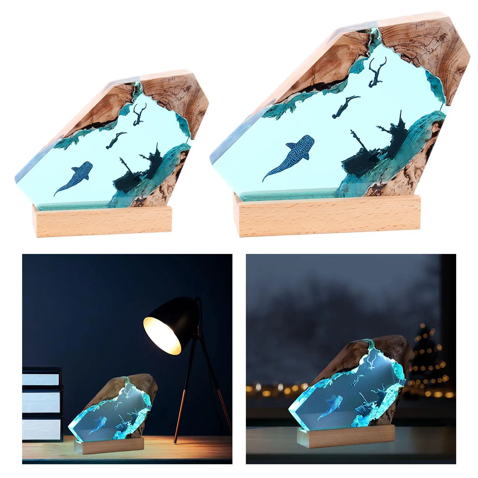 Clear Resin Bedside Night Light Wood Base Multifunctional Decorative Deep Sea Cave Diving Underwater Scene for Valentine Gift