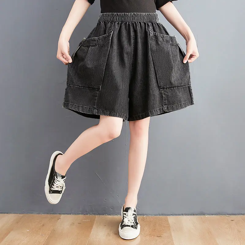 High Waist Denim orts Women's Summer Loose Wide Leg Pants Slimming Effect Deep Blue E9035