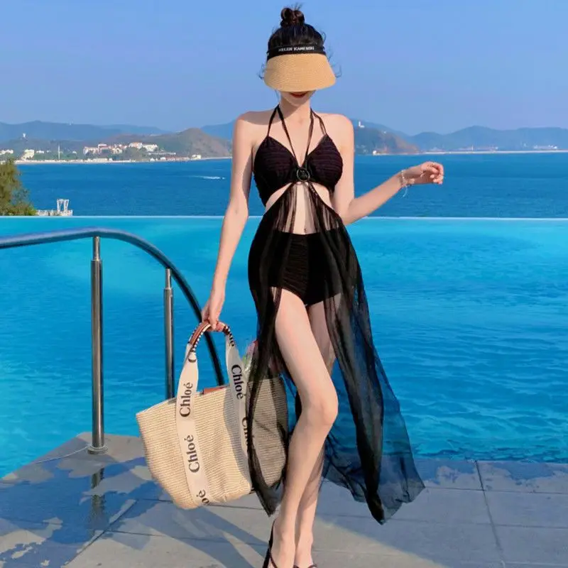 Split Bikini Set Women Sexy Hollow Out Mesh Halter Backless Solid Swimwear Beach Style Holiday Soaking in Hot Springs Chic Ins