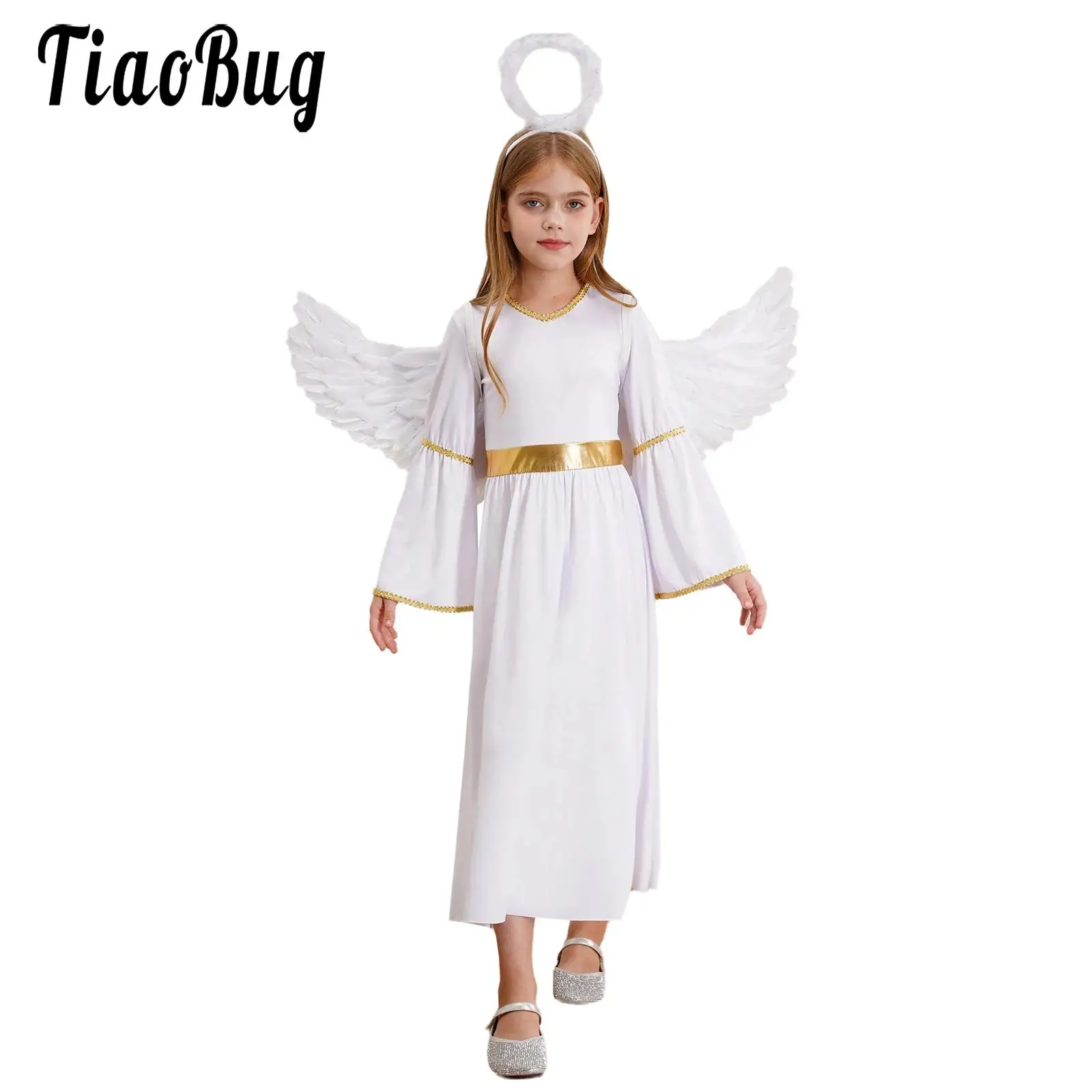 Girls Angel Costume Angel Dress Bell Sleeve Maxi Ball Gowns with Feather Hairband and Angel Wings for Dress Up Performance