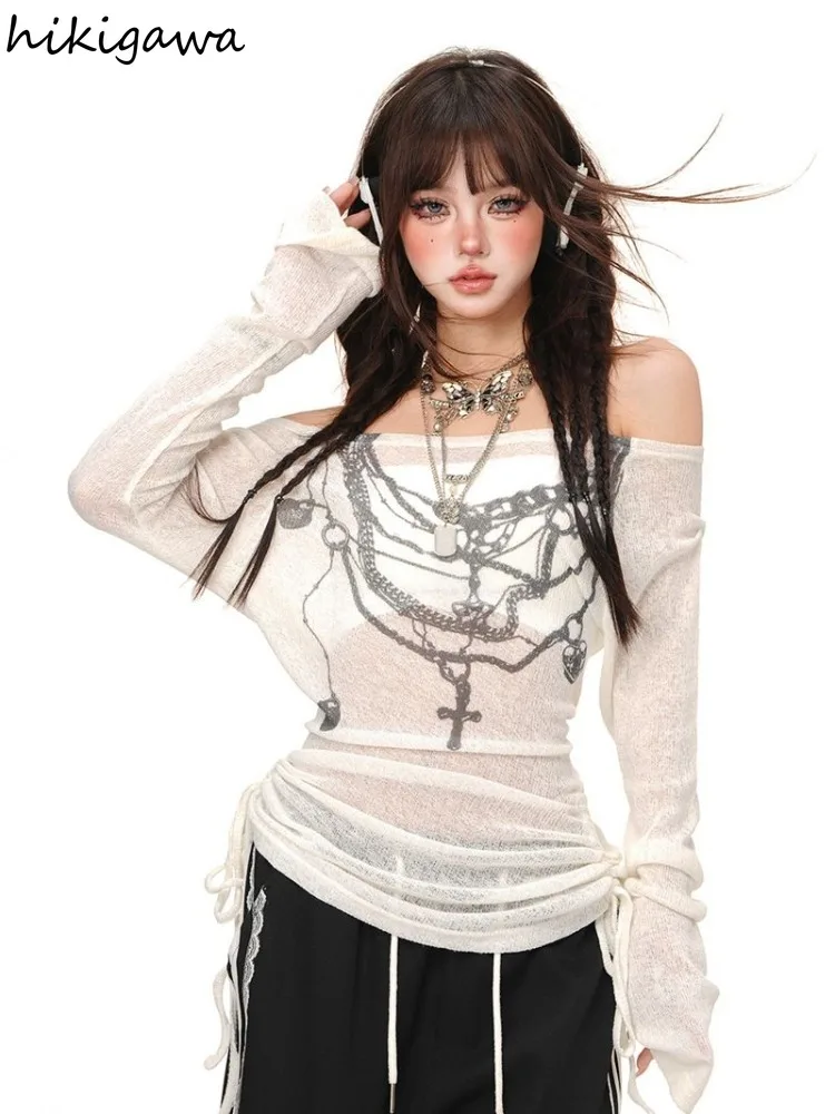 Y2k Women T Shirts Print Slash Neck Long Sleeve Tees Ropa Mujer Off Shoulder Drawstring Tunic Tshirt See Through Sexy T-shirts