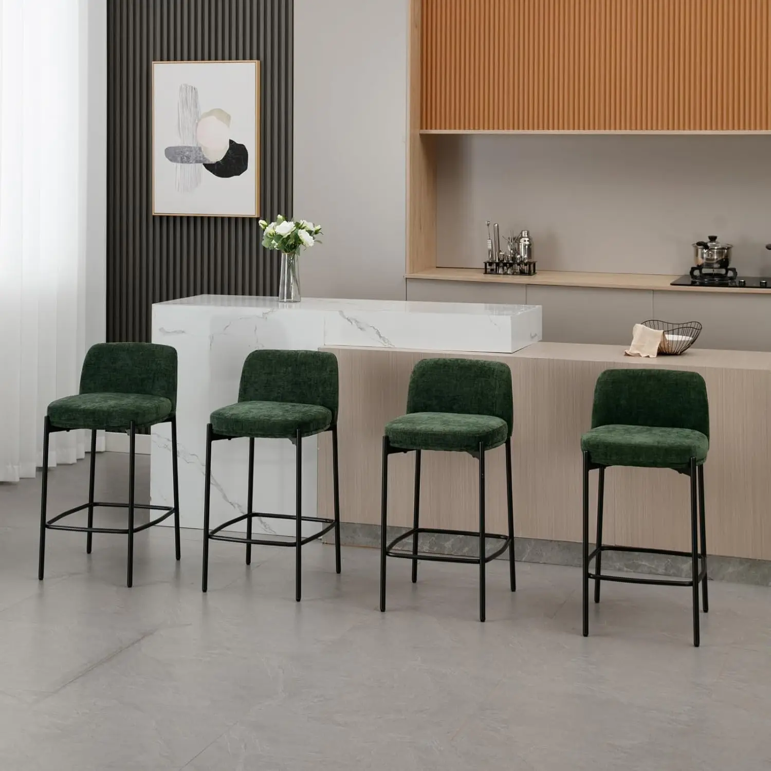26" moderne Chenille-Thekenhocker, 2er-Set, grün gepolsterte Barhocker in Boucle-Thekenhöhe mit bequemer Rückenlehne, hoher Esszimmerstuhl