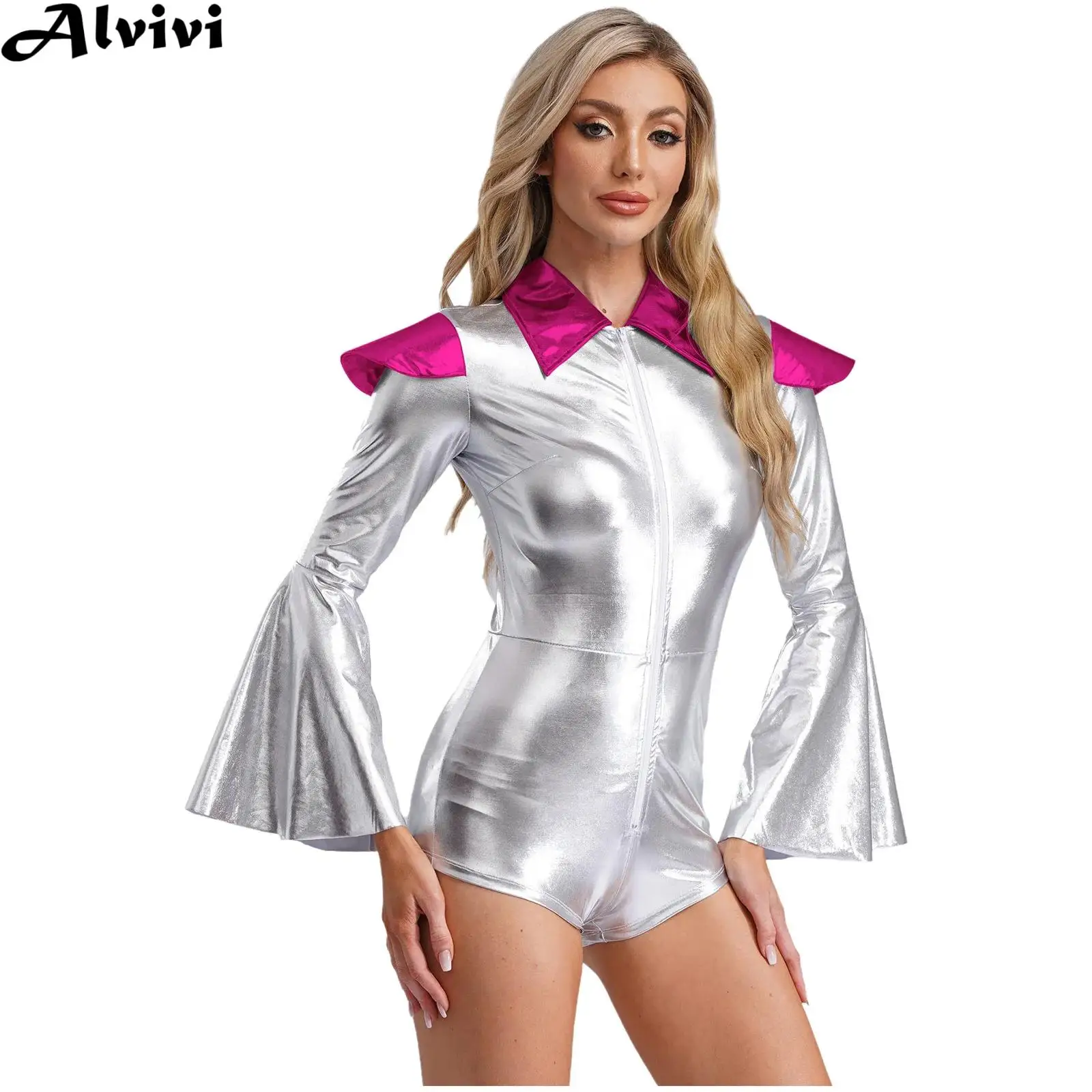 

Женский блестящий боди с расклешенными рукавами на молнии, металлический блестящий боди для танцев на пилоне, купальник для Хэллоуина, карнавала, вечеринки, костюм инопланетянина, Клубная одежда