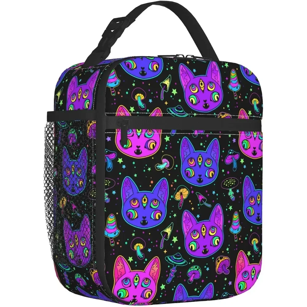 

Men Women Eyes Black Cat Goth Mushroom Lunch Bag Snacks Organizer for Work Office Outdoor Picnic Meal Leakproof Halloween