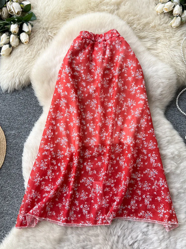 Women Skirt Spring Chic Floral A-Line Midi Length High-Waisted Korean Flower Print Spring/Summer Faldas Female SK096