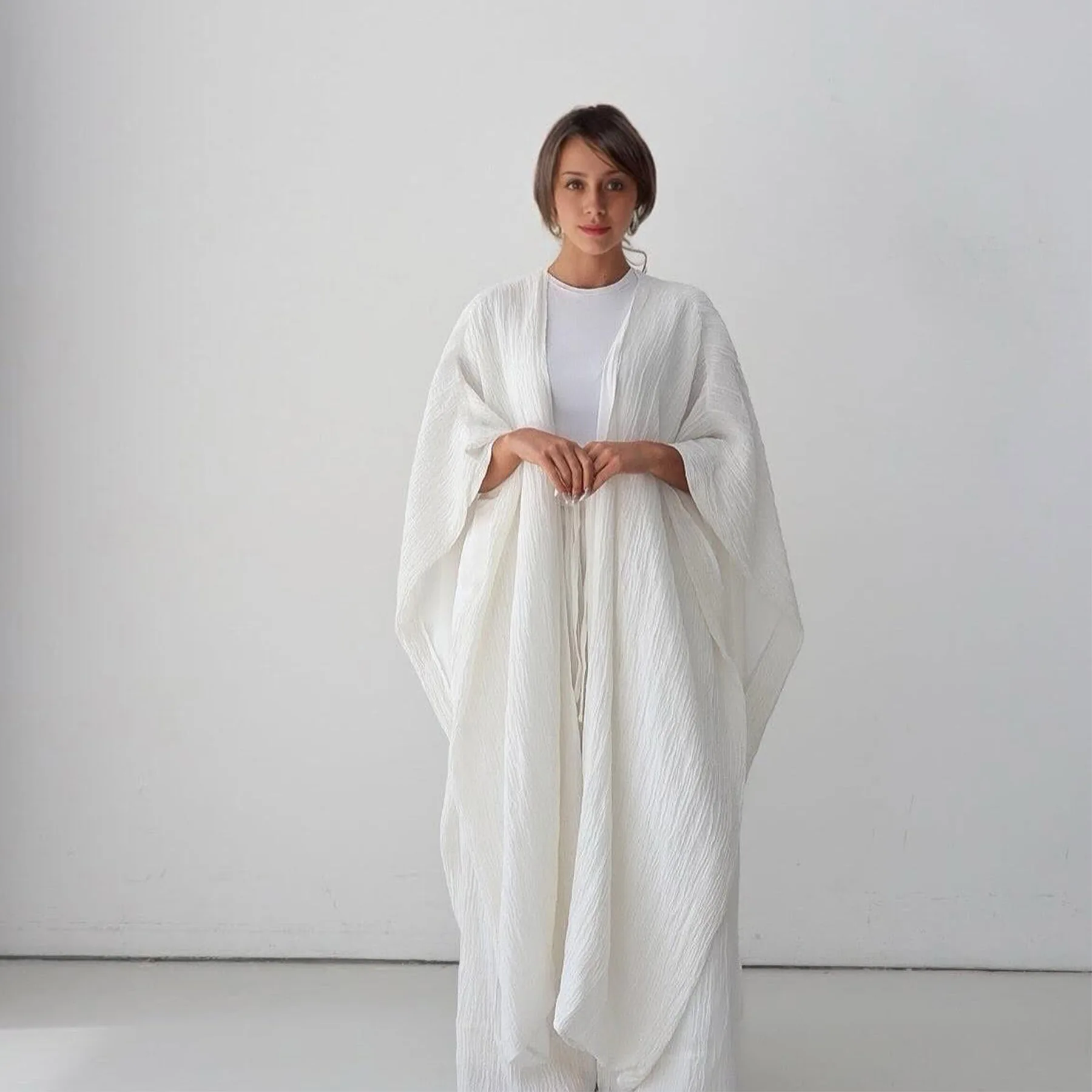 

2025 New Muslim Women Abaya Set Bubble Wrinkle Fabric Modern Kimono Cardigan Pants Set 2Pcs Turkey Kaftan Outfits Islam Clothing