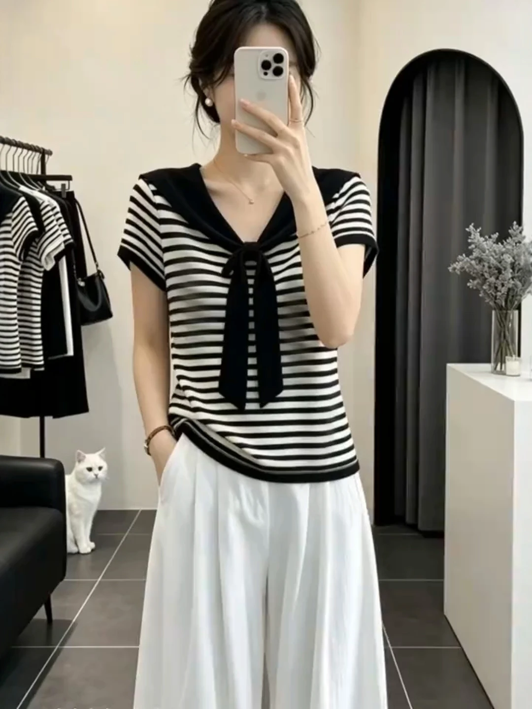 Retro Korean Striped V-Neck Short Sleeve T-Shirt Women Summer plus Size Flattering Slimming Versatile Shoulder Wrap Top