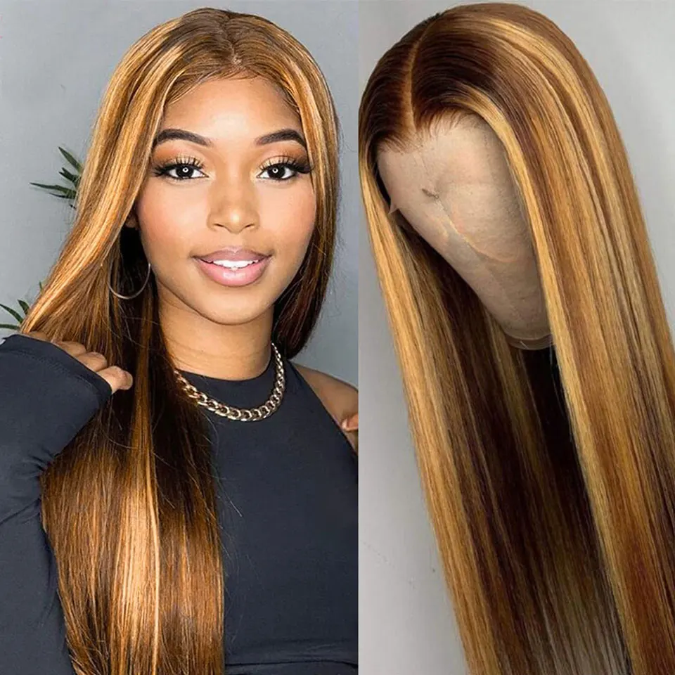

Highlight Brown Long Straight Brazilian Colored Human Hair Wig 13x4 Transparent Lace Frontal Wigs Wear And Go Cosplay For Women
