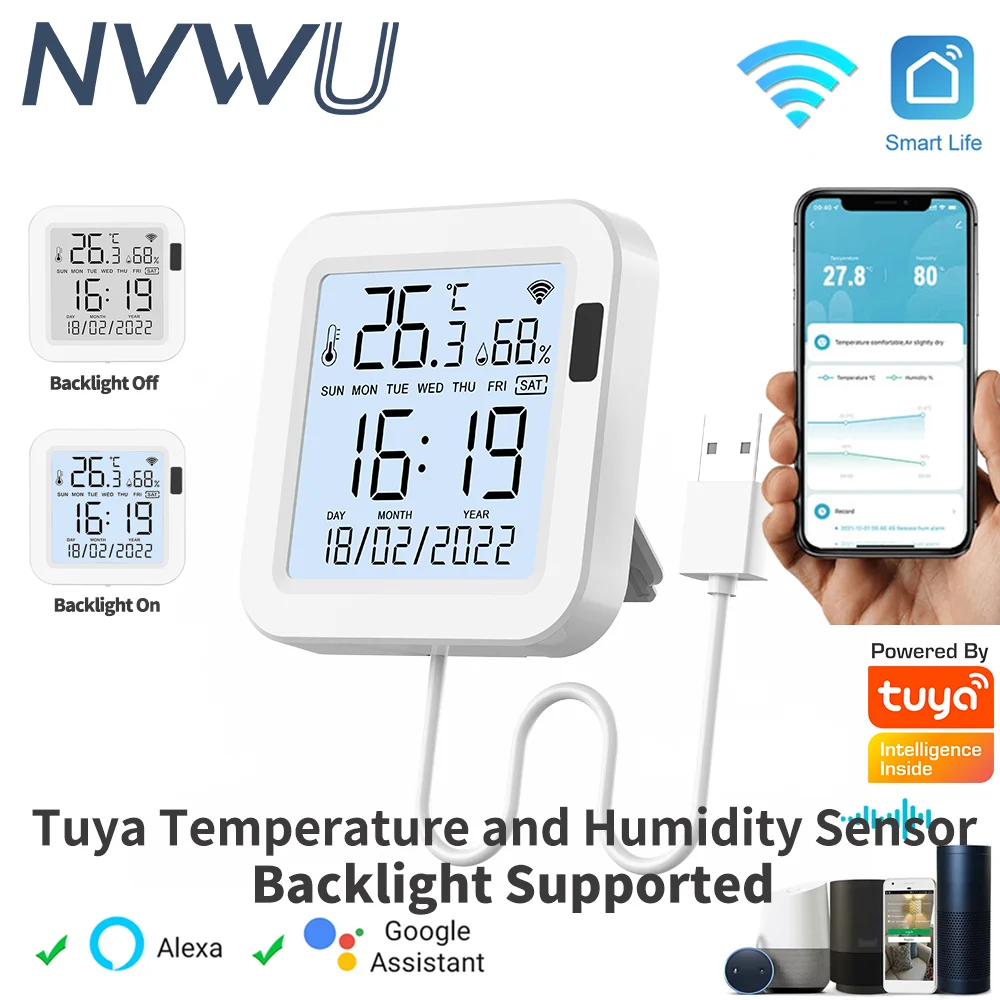 Tuya Smart Temperature and Humidity Sensor WiFi With Backlight for Smart Home var SmartLife Work with Alexa Google Assistant