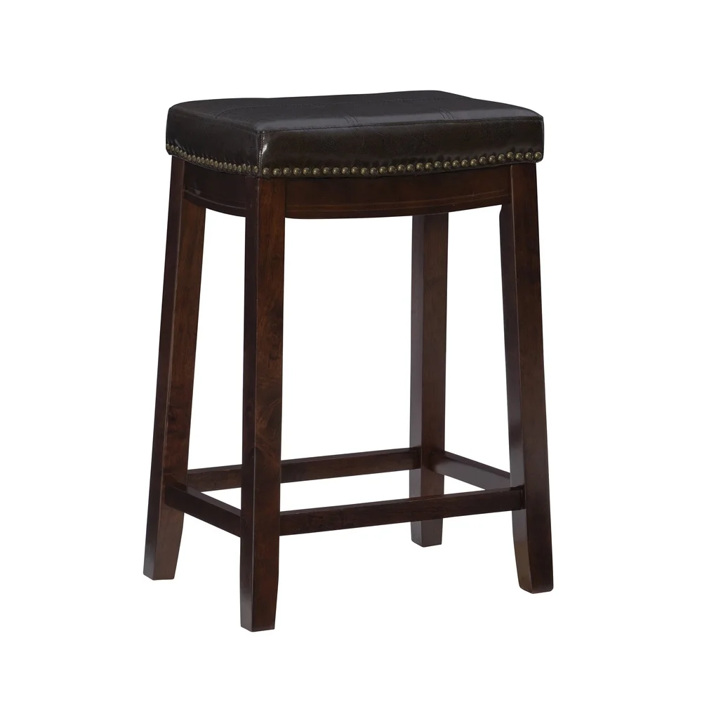 

Backless Indoor Counter Stool 26 Inch Dark Brown Faux Leather Upholstered Saddle Seat Antique Brass Nailhead Trim Solid Wood