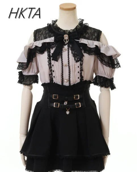 Liz Japanese Mass-Produced Mine Off-Shoulder Lace Ruffle Color-Block Bow Top Short Sleeve Shirt Spring Summer Lolita Blouses