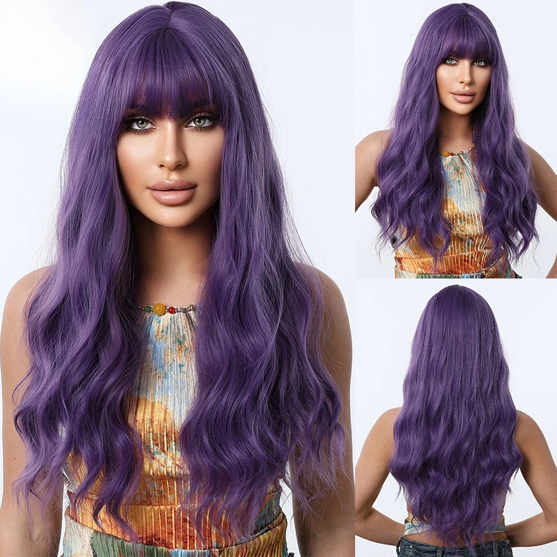 

Wig dark purple big wavy long curly cos wig, party Qi bangs fashion full head female wigs