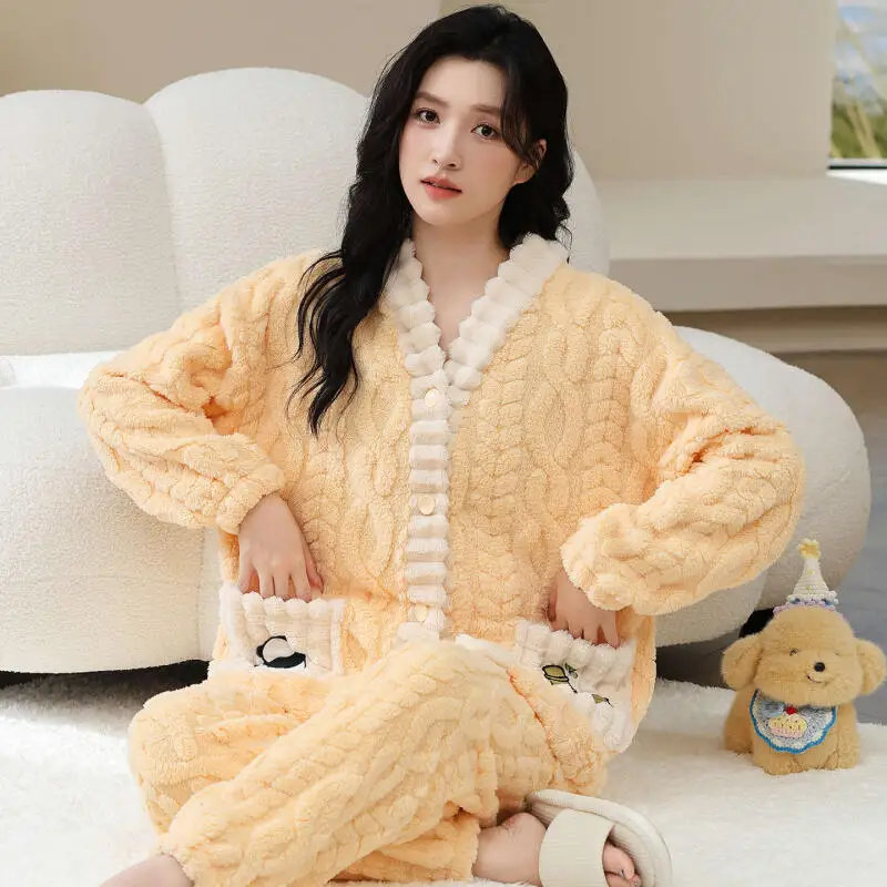 

Утолщенный комплект домашней одежды из кораллового флиса больших размеров, женские пижамы с длинными рукавами, теплая домашняя одежда с героями мультфильмов, новый стиль, домашняя одежда для девочек
