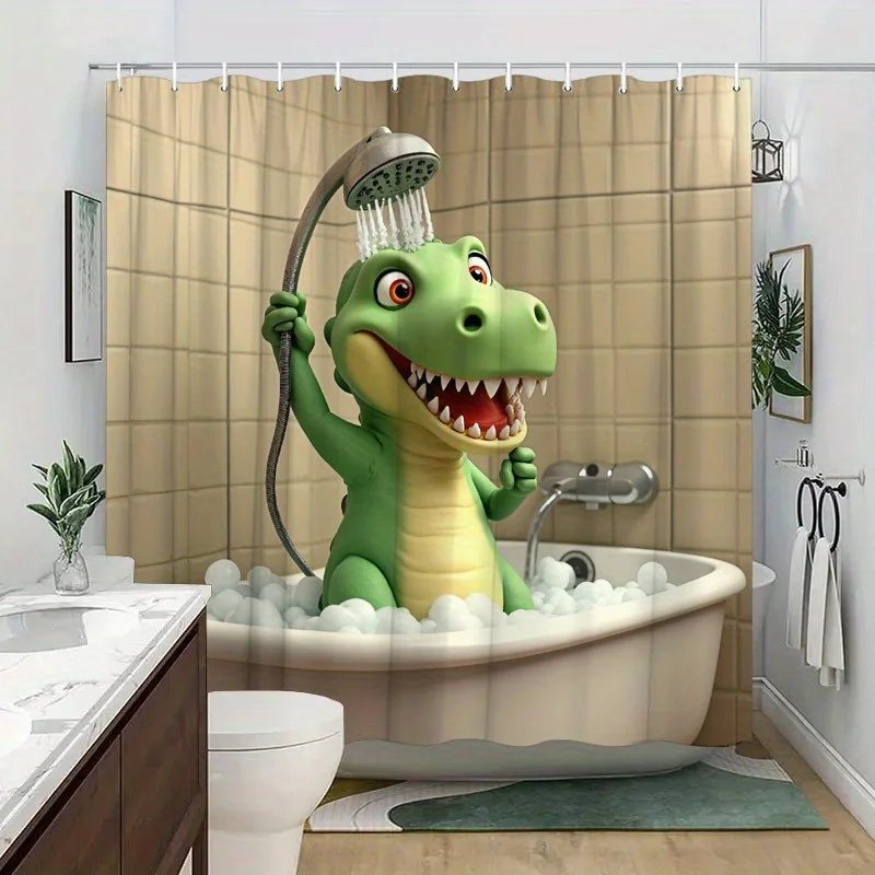 Dinosaur Bathtub Shower Curtain Green Scaly Light Beige Soapy Bubbles Vintage Showerhead