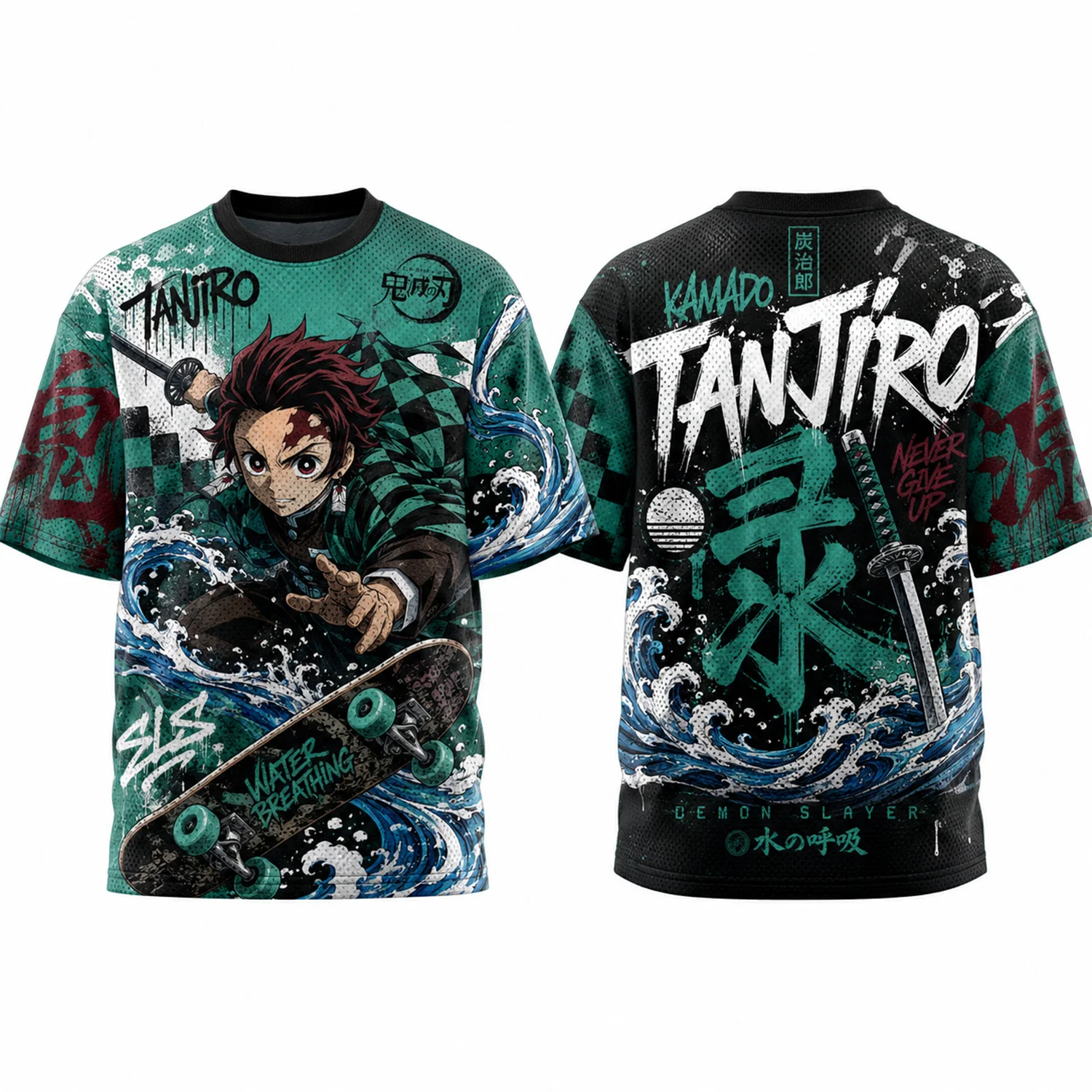 Anime Demon Slayer Graffiti Wave Print Mesh T-Shirt für Herren und Damen, locker geschnitten, atmungsaktiv, Kurzarm, Street Hip Hop Casual Top
