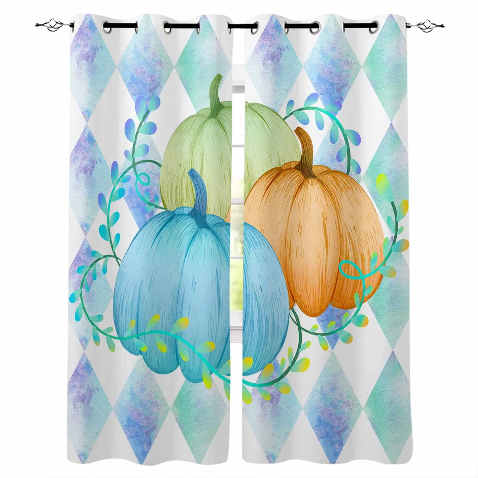 Thanksgiving Pumpkin Plant Vine Man Diamond Grid Blackout Curtains For Living Room Bedroom Window Treatment Drapes Home Decor