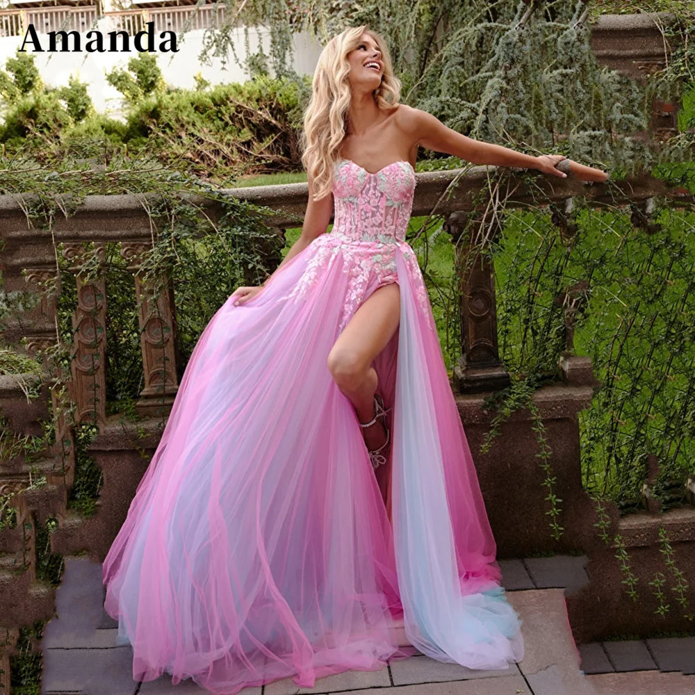 

Amanda Pink Tulle A-line Evening Dress Strapless Prom Dress 2023 Side Split Party Dress Lace Embroidery فساتين مناسبة رسمية