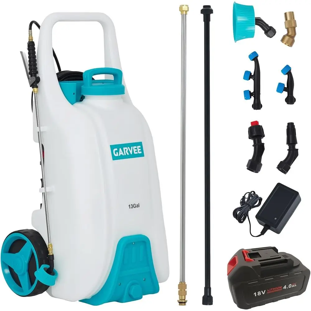 

Аккумуляторный опрыскиватель на колесах, 13 галлонов, 18В 4Ач, с 6 насадками и 2 шлангами, 4-6 часов работы, 80 фунтов на кв. дюйм