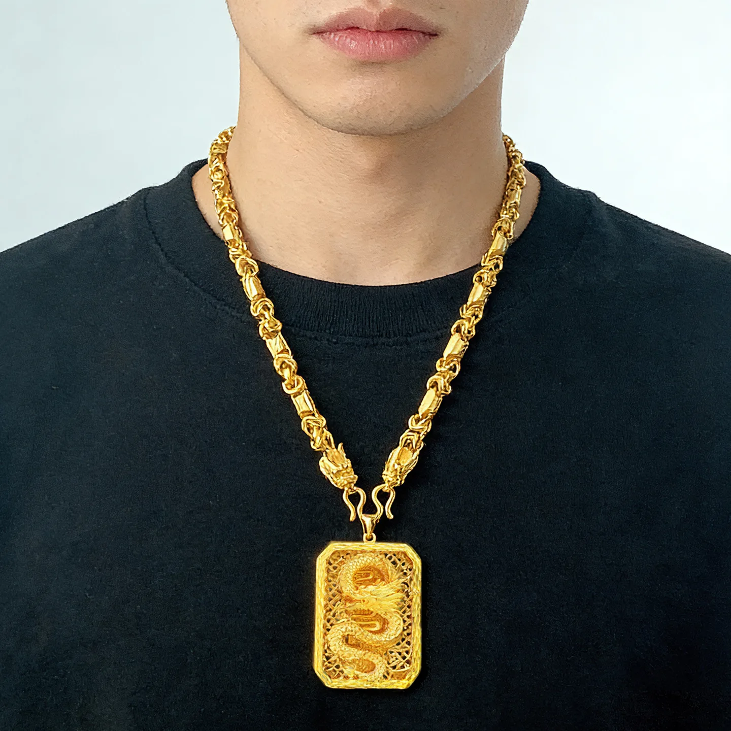 

Luxury 24K 9999 Pure Gold real gold Three-dimensional dragon pattern dragon brand hollow pendant men's necklace